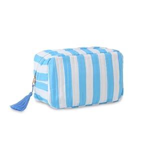 Quilted Makeup Bag for Women, Stripe Cosmetic Pouch with Tassel Zipper Travel Toiletry Organizer 
