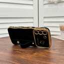 NITITOP Compatible with Samsung Galaxy S23 Plus Case with Kickstand Strap Cute Luxury with Love Heart Plating Pattern Wave Frame Women Girls Men Raised Camera Shockproof Protection Cover-Black