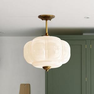 Milk Glass Ceiling Light Fixture - Antique Brass Semi Flush Mount Pendant Light for Kitchen, Hallway, and Bedroom 15 inch (White 15 inch)