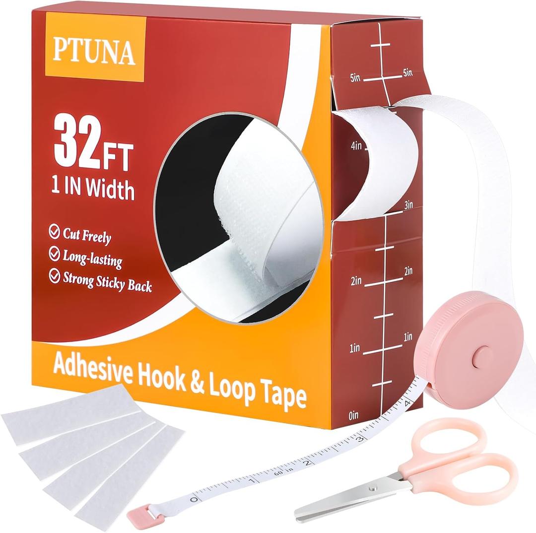 32Ft *1 Inch Hook and Loop Tape with Adhesive Back, Heavy Duty Double Sided Adhesive Strips, Strong Sticky Strips Roll for Home/Office/School/Car, White