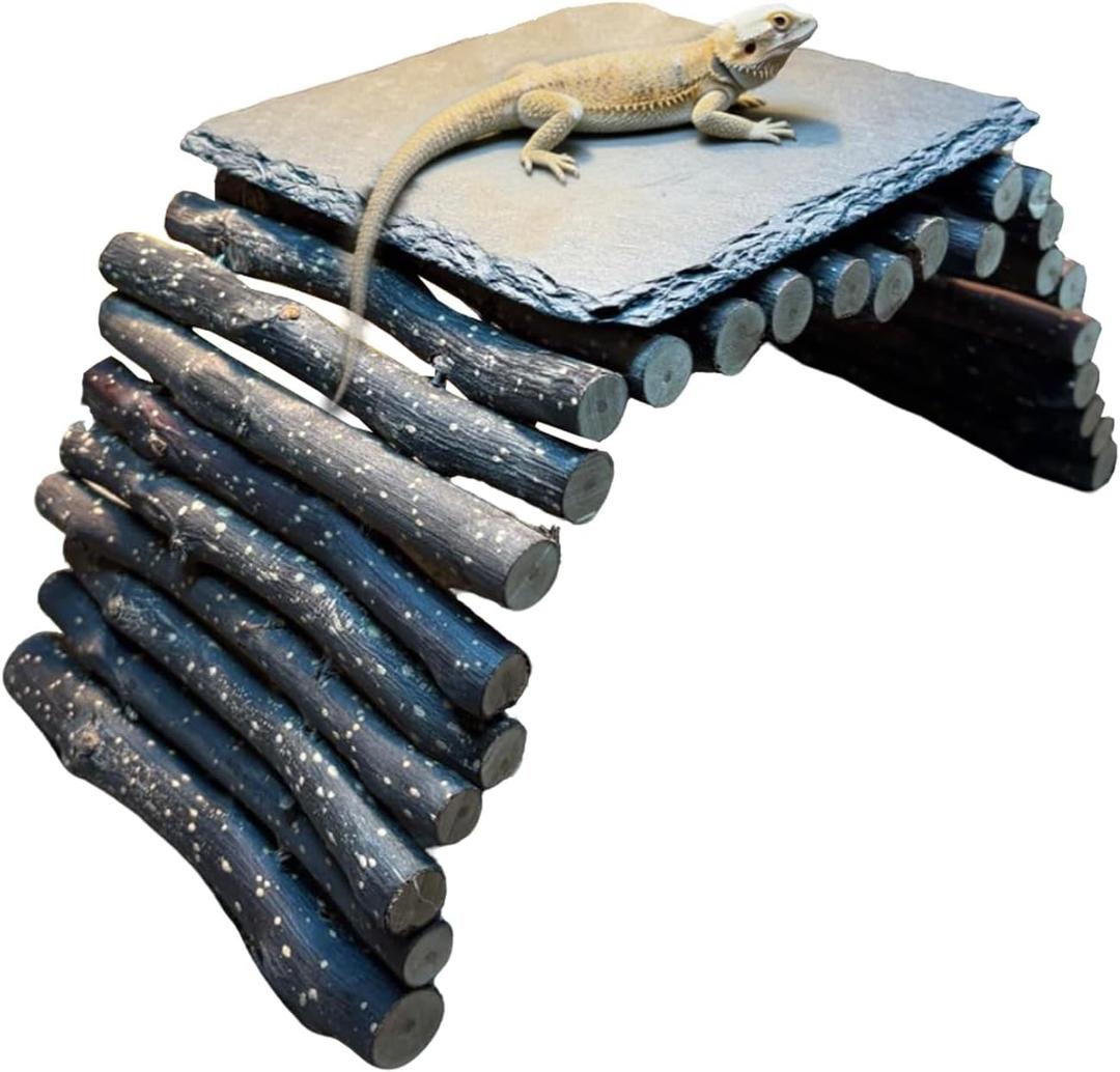 Bearded Dragon Tank Accessories - Natural Rock Basking Platform & Wooden Climbing Bridge Ladder Hideout, Habitat Dcor for Tortoise, Snake, Gecko & Reptile Terrariums