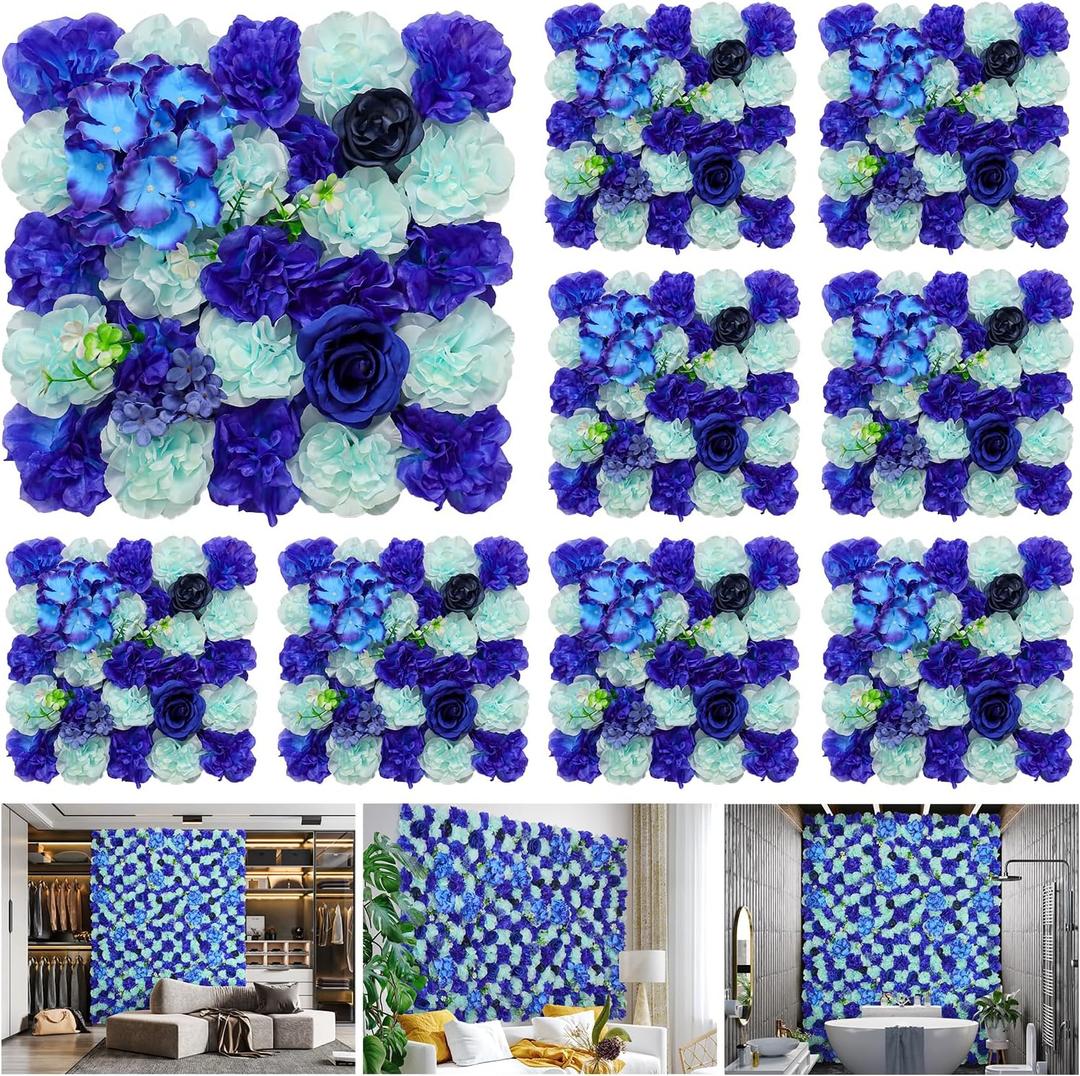 Flower Wall Backdrop 9pcs 16.5x16.5 Inch Flower Wall Decor Artificial Floral Wall Panel Ideal for Wedding Celebrations, Festive Party Birthday Backdrops and Elegant Home Decor (Mixed Blue)