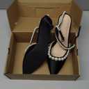 Coutgo Womens Pearl Kitten Heels Closed Pointed Toe Wedding Bride Dress Shoes Ankle Strap Satin Pumps, Black, Size 7