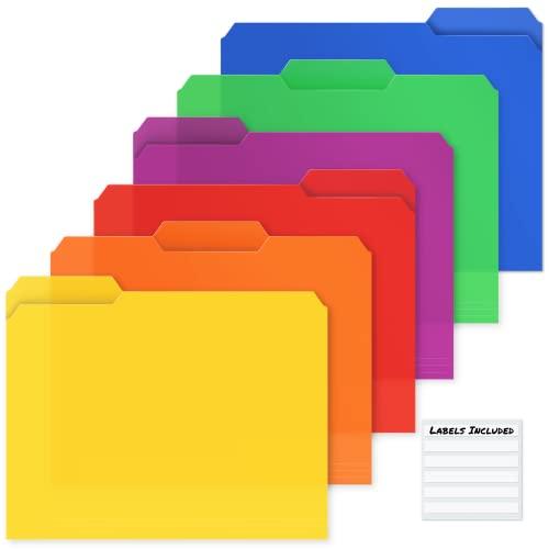 Dunwell Plastic Colored File Folders (12 Pack), 1/3 Tab Filing Folders for 8.5x11 Letter Size Documents, Assorted Colors, Acid-Free Poly, Includes Labels
