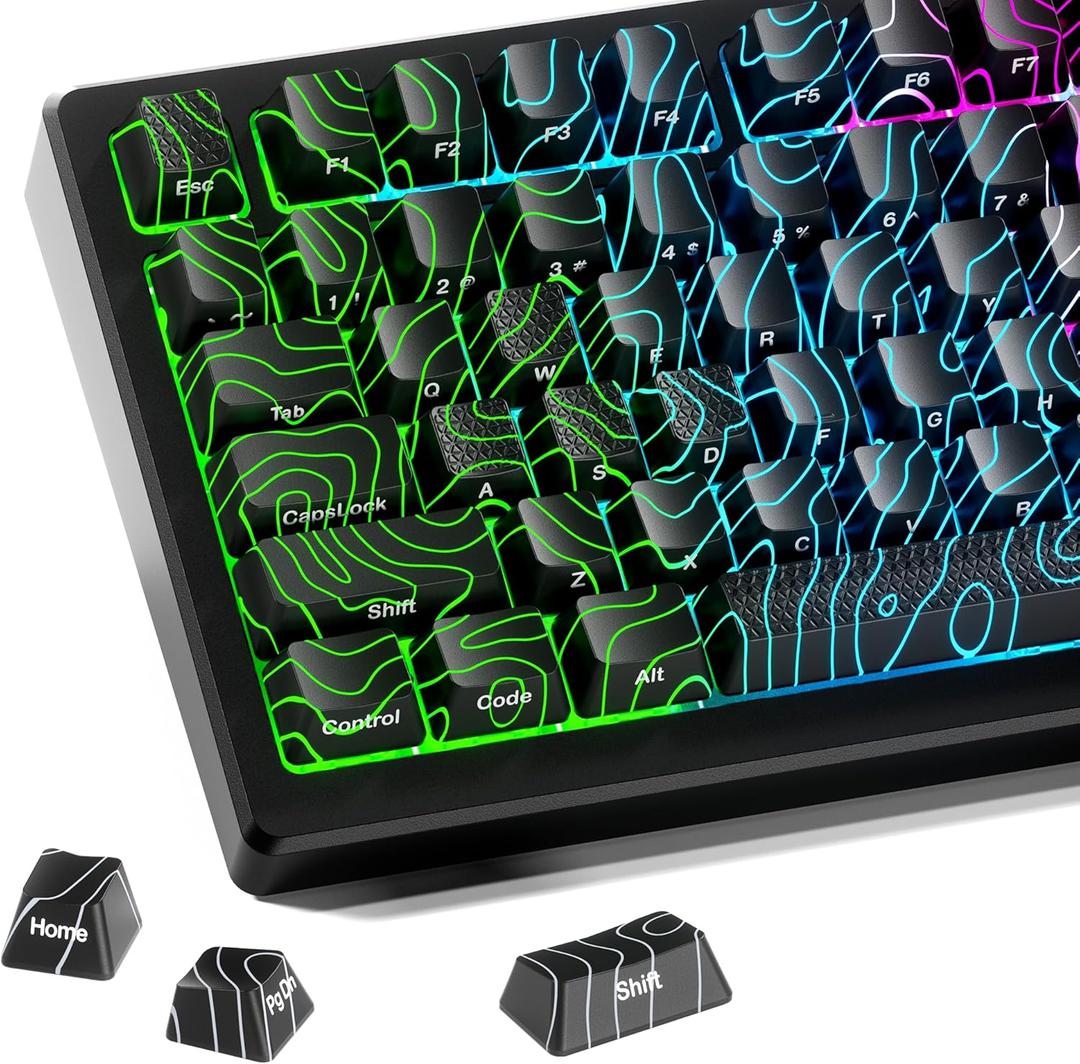 HITIME XVX Shine Through Keycaps w/IMD Tech, Custom Topographic Keycaps 60 75 100 Percent, Black Key Cap Set Lines Backlit, OEM Profile Side Printed for Keyboards