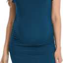 Bearsland Women Summer Short Sleeve Maternity Dress Ruched Mama Baby Pregnancy Clothes (Blue, XL)
