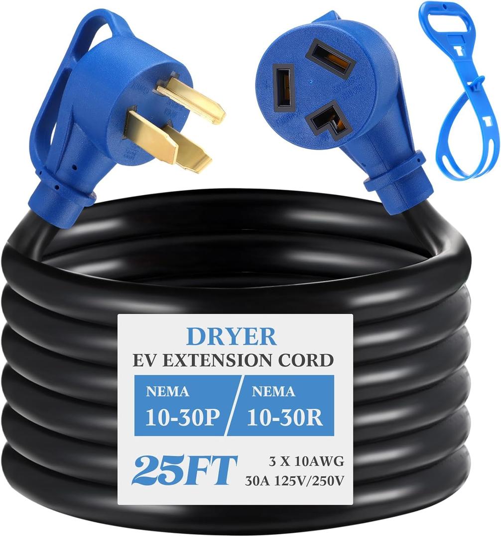 Kanayu 25 FT 3 Prong Dryer/EV Extension Cord 30 Amp Compatible with NEMA 10-30P to 10-30R for Level 2 EV Charging and Dryer Power Flexible Cable STW 10 Gauge Cord with Grip Handle ETL Listed (Blue)