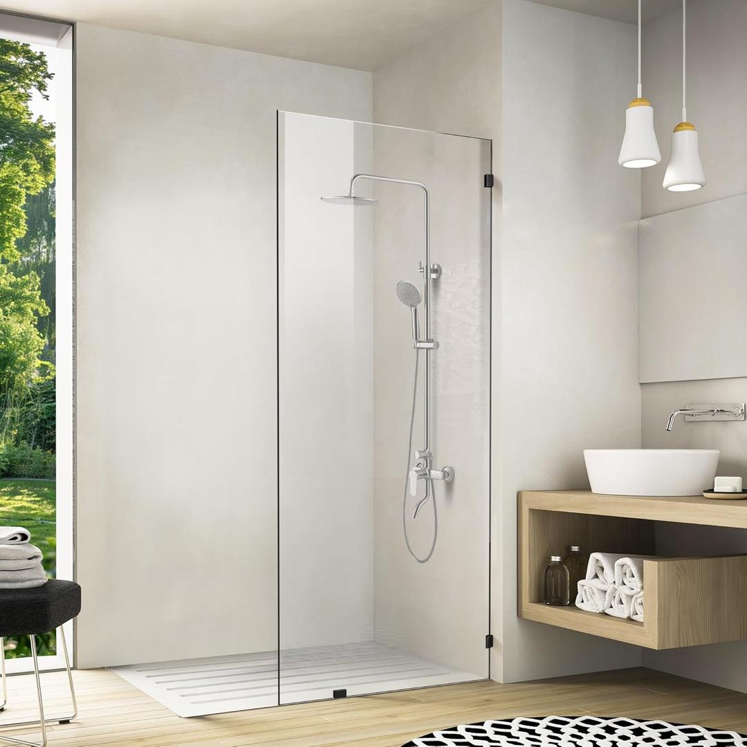 Bathroom Shower Door 12" W x 78.75" H, Frameless Fixed 3/8" (10mm) Thick Clear Tempered Glass Door Panel, Matte Black Clamp Hardware
