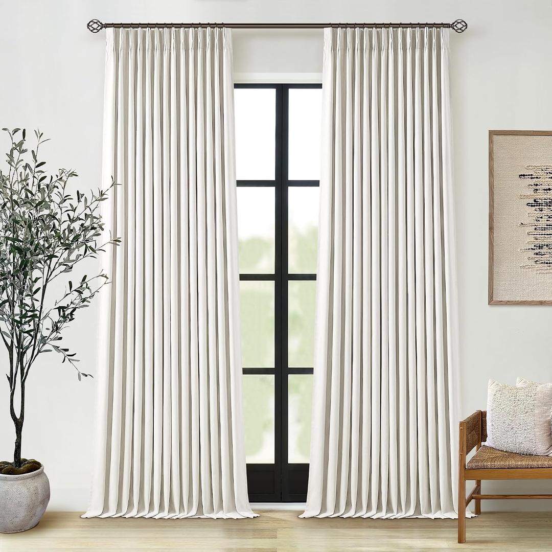 102 Inches Long Pinch Pleated Linen Blackout Curtains for Bedroom Back Tab Track Memory Trained Shape Farmhouse Light Blocking Curtains 102 Inch Length for Living Dining Room Darkening Drapes Cream, 40"W x 102"L