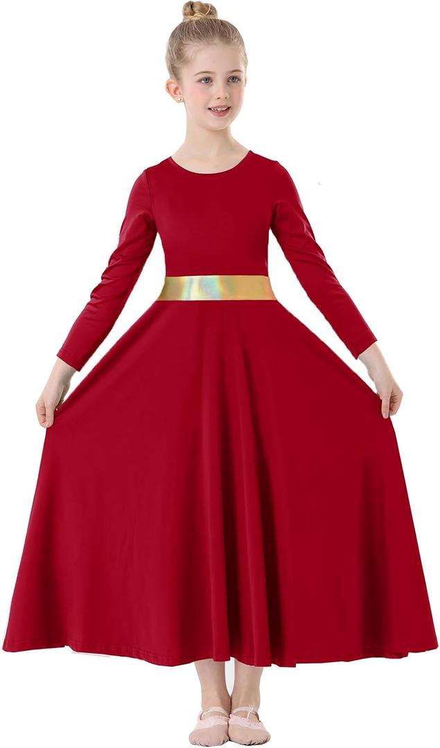 TLMNU Girls Praise Dance Dress Metallic Gold Liturgical Worship Church Robe Full Length Swing Lyrical Costume (9-10 Years, 10 Red)