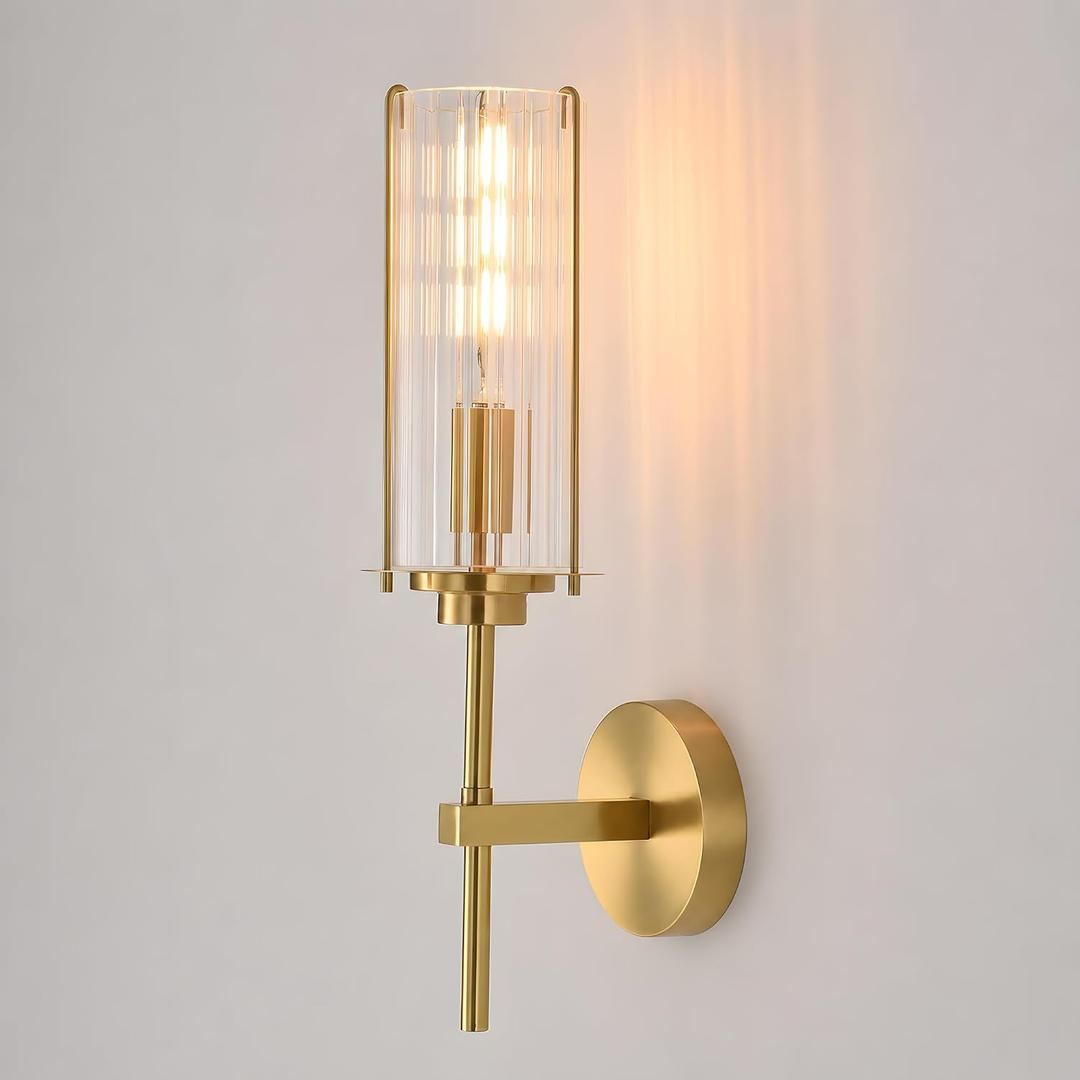 Modern Brass Wall Sconce,18" Gold Wall Sconces,Bathroom Vanity Light Fixtures with Vertical Striped Glass Tube,Modern Lamp Lighting for Bedroom,Living Room,Hallway,Staircase,Mirror, 1-Pack