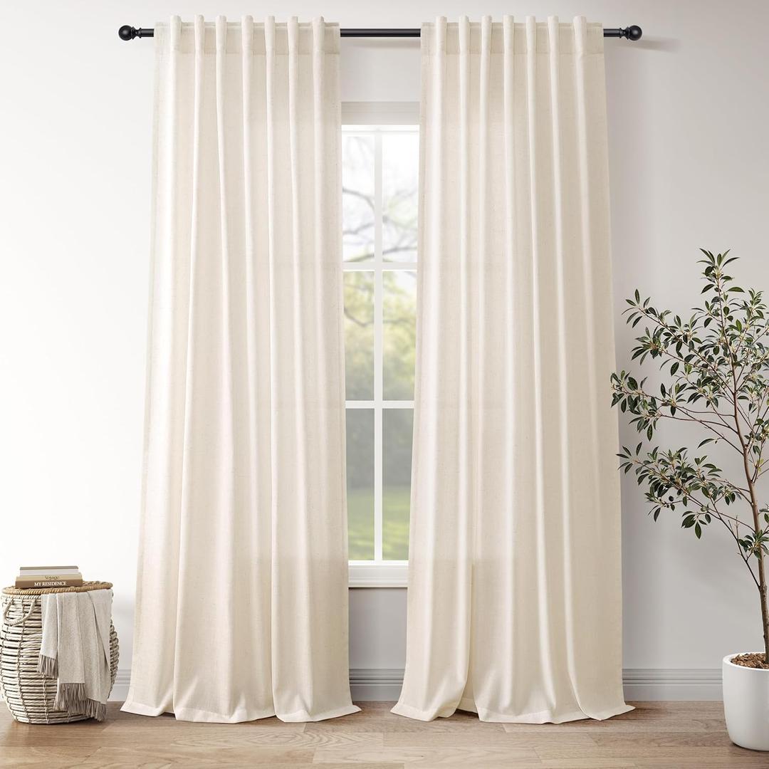 Nanspring 102 Inch Long Curtains Natural Linen for Living Room Linen Blend Rustic Light Filtering Sheer Curtain Back Tab and Rod Pocket Farmhouse Decor Drapes for Bedroom 52x102, 2 Panels
