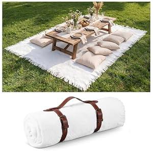 Frienda 70 x 120 Inch Extra Large White Outdoor Picnic Blanket Woven Cotton Yarn Blanket with Fringe and Leather Storage Strap Boho Decor for 8 to 12 Camping Lawn Wedding Photoshoot Beach Park Grass
