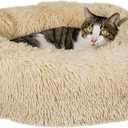 Calming Cat Bed - Anti Anxiety Round Fluffy Plush Faux Fur, Washable 23 inches Small Dog & Cat Bed (Beige)
