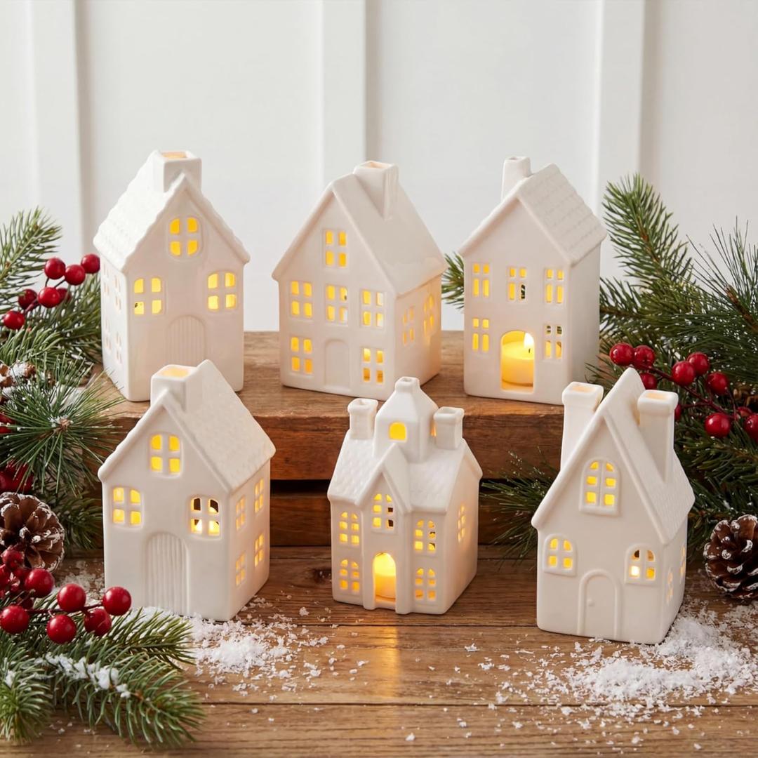 Leinuosen Set of 6 White Ceramic Christmas Village Houses Tabletop 5.1" Small Porcelain Winter Town Figurines for Farmhouse Rustic Xmas Tree Ornaments Holiday Centerpiece Mantel Shelf Decorations