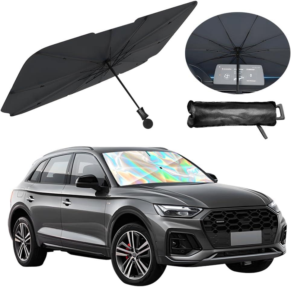 Car Windshield Sun Shade Umbrella, Foldable Automotive Sunshade Cover for Block UV Rays & Heat, Vehicle Interior Front Window Protector Accessories, Universal for Vehicles (Folding Handle)