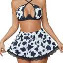 Avidlove Lingerie Set for Women with Underwire Two Piece Lingerie Sets Sexy Outfit Lingerie Set with Lace Mini Pleated Skirt (Medium, Cow Print)