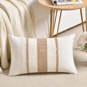 Fancy Homi Set of 1 Boho Neutral Lumbar Decorative Throw Pillow Cover 12x20 Inch for Couch Bed Sofa Chair, Modern Organic Farmhouse Home Decor, Soft Cotton Cute Accent Tan Rectangle Cushion Case (20" x 12" (Pack of 1))