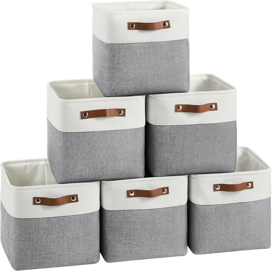 Cube Storage Baskets 6 Pack, 11x11 inch Foldable Cube Storage Bins with Leather Handles for Shelf Closet Nursery Toys (White/ Gray) Cube Storage Baskets 6 Pack, 11x11 inch Foldable Cube Storage Bins with Leather Handles for Shelf Closet Nursery Toys (White/ Gray)