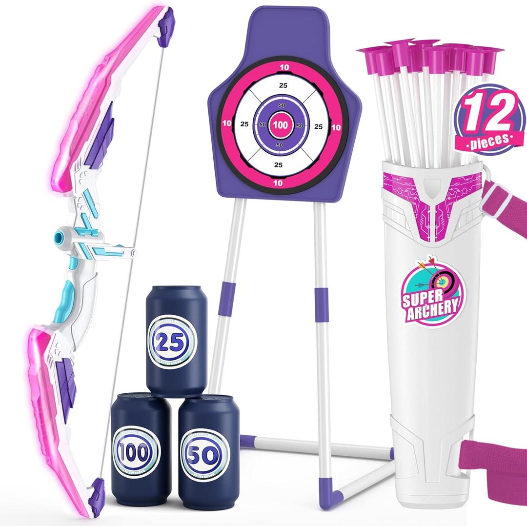 Bow and Arrow for Kids 4-6, LED Light Up Archery Set with 12 Suction Cup Arrows, 1 Standing Target, 3 Score Targets&1 Quiver, Indoor Outdoor Sport for Boys Girls Ages 8-12, Purple