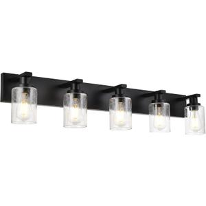 5-Lights Farmhouse Bathroom Vanity Light in Black Finish Wall Mount Lighting Fixtures with Seeded Glass for Mirror Cabinet Kitchen Bedroom