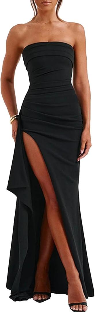 Women's Backless High Split Strapless Long Prom Formal Cocktail Dress for Women, XS Blue (Black, L)
