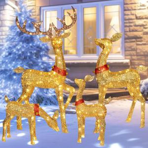 HOYECHI Christmas Decorations Outdoor Reindeer Family - 4-Piece 3D Lighted Deer Set with 245 LED Lights, Yard Christmas Decor with Stakes for Front Yard, Lawn, Garden, Porch, Holiday - Gold
