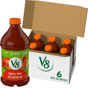 V8 Spicy Hot 100% Vegetable Juice, 46 fl oz Bottle (6 Pack) EXP: 4 Aug 2026