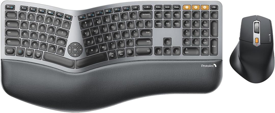 ProtoArc Ergonomic Keyboard Mouse, EKM01 Plus Full Size Wireless Bluetooth Ergo Keyboard Mouse Combo, Cushioned Palm Rest, Split Design, Rechargeable, Compatible for Windows, Mac OS - Gray and Black