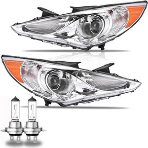 Headlights Assembly for 2011-2014 Hyundai Sonata(Not for Hybrid), Passenger & Driver Side Halogen Headlamp with Bulbs Clear Lens Black Housing Amber Reflector, 1 Pair, OEM# 92101-3Q000