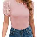 MIRALUNA Women's Round Neck Slimming Swiss Dots Mesh Puff Sleeve Bodysuit Blouse Casual Ribbed Knit Jumpsuit Shirts Tank Tops (Large, 3-pink)