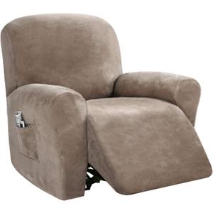 PrinceDeco Recliner Chair Cover Velvet Stretch Recliner Couch Covers 4-Pieces Style Recliner Chair Covers Recliner Cover for Reclining Chair Slipcovers Feature Non Slip Form Fitted Thick Soft,Taupe