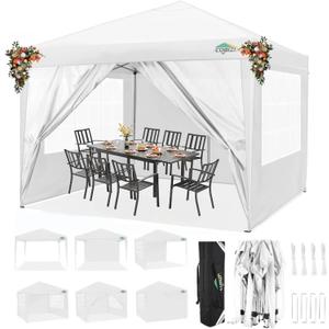 COBIZI 10x10 Pop Up Canopy Tent with 4 Removable Sidewalls, Waterproof Outdoor Commercial Easy Set Up Gazebo Tent Canopy Tents for Party/Exhibition/Picnic with Carry Bag,8 Stakes & 4 Ropes (White