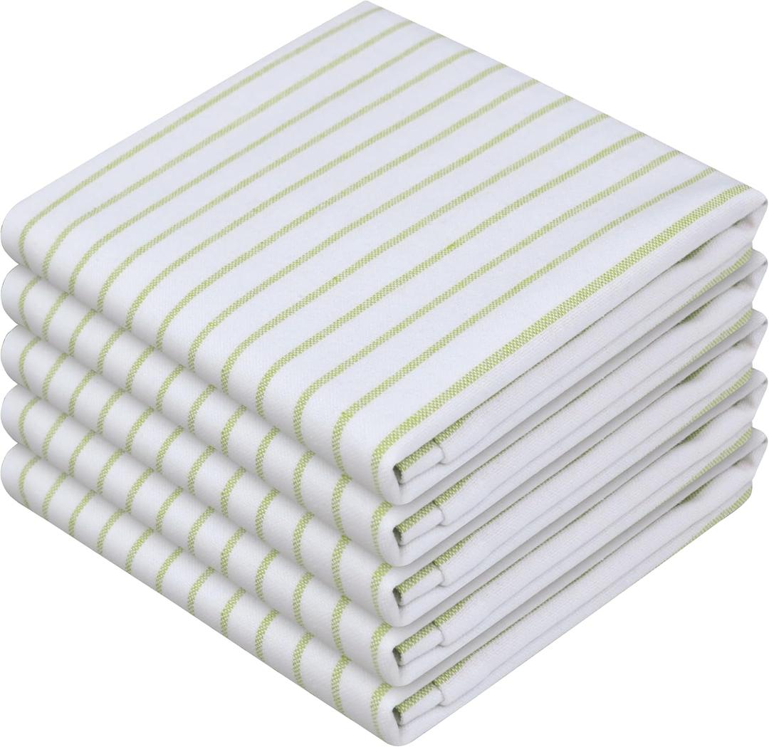 Lemon Green Stripe Kitchen Towels (5 Pack), 100% Cotton, Classic Striped, Super Absorbent & Durable Dish Cloths, Quick Dry Towel Set for Drying Dishes, Everyday Kitchen Cleaning