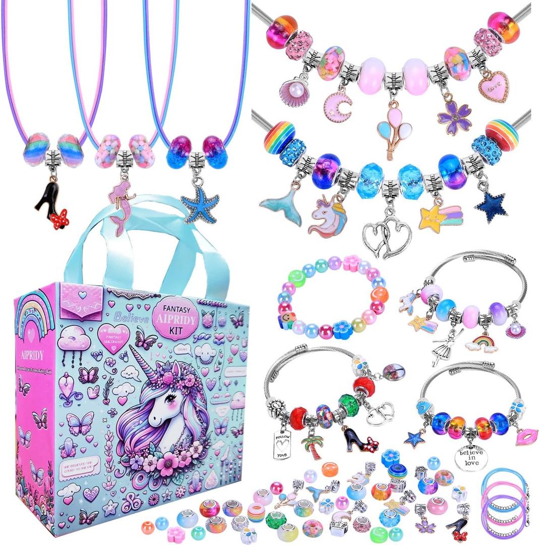 AIPRIDY 208 Pieces Charm Bracelet Making Kit,Unicorn Mermaid Crafts Gifts Set Can Inspires Imagination and Creativity,Jewelry Making Kit Perfect Gifts for Girls 5-12 Years Old (Pink+Aqua Unicorn)