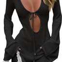 Saodimallsu Womens Crochet Swimsuit Cover Up Long Bell Sleeve V Neck Tie Mesh Knit Summer Beach Dress Vacation Outfits (Medium, Black)