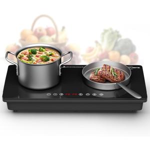 1800W Double Induction Burner, Minimal Cross-Pattern Panel, 2×900W Cooking Zones, Touch Control, 8 Power Levels, 1–99 min Timer, Durable Ceramic Glass for Magnetic Pots