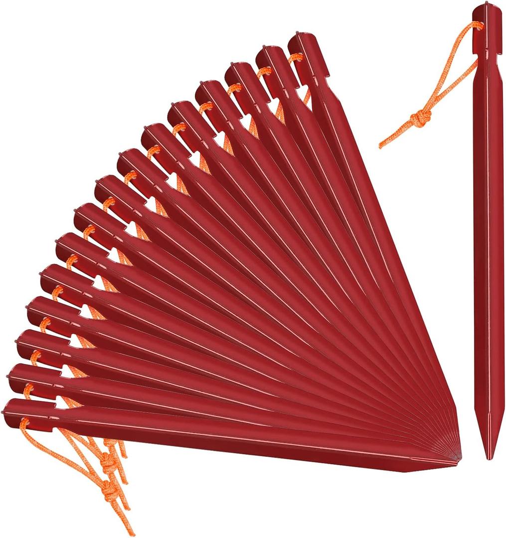 Grassman Tent Stakes, 16 Pack 9in Heavy Duty Ground pegs with Reflective Pull Ropes, Leightweight-Durable-Safe Metal Backpacking Camping Spiles (Red)
