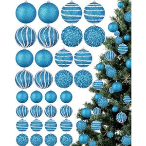 Sonwyoung 32 Pcs Christmas Hanging Balls  3 Size Glitter Pearl & Sequin Xmas Tree Ornaments Pearl Balls for Thanksgiving Day Xmas Trees Wreath Garland Holiday Party(Light Blue)