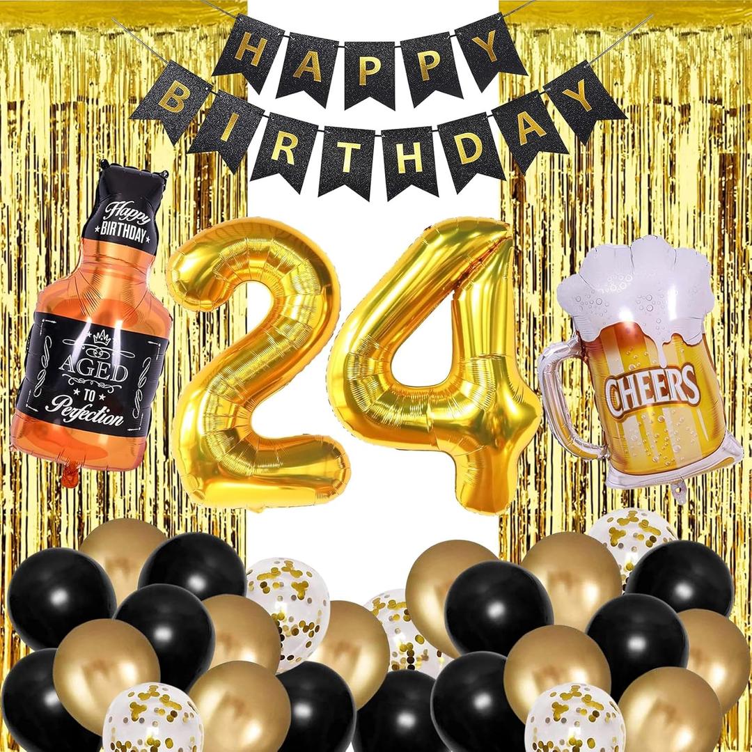 24th Birthday Decorations For Men Happy 24th Birthday Decorations For Him 24 Birthday Decorations For Man 24 Year Old Boy Birthday Decorations Black Gold Twenty Four Birthday Party Decor