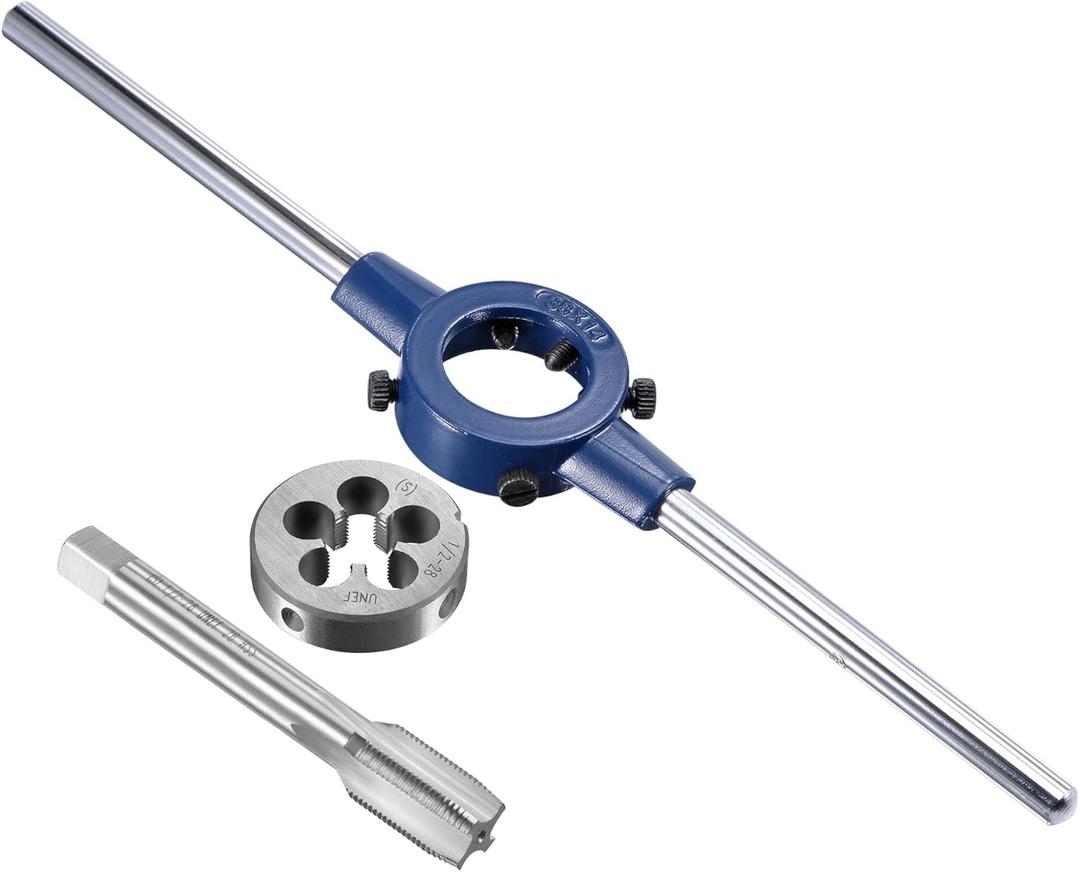 uxcell 1/2-28 UNEF Tap and Die Set with 38mm Round Die Stock Handle Wrench, High Speed Steel Machine Thread Tap and Round Die Threading Tool