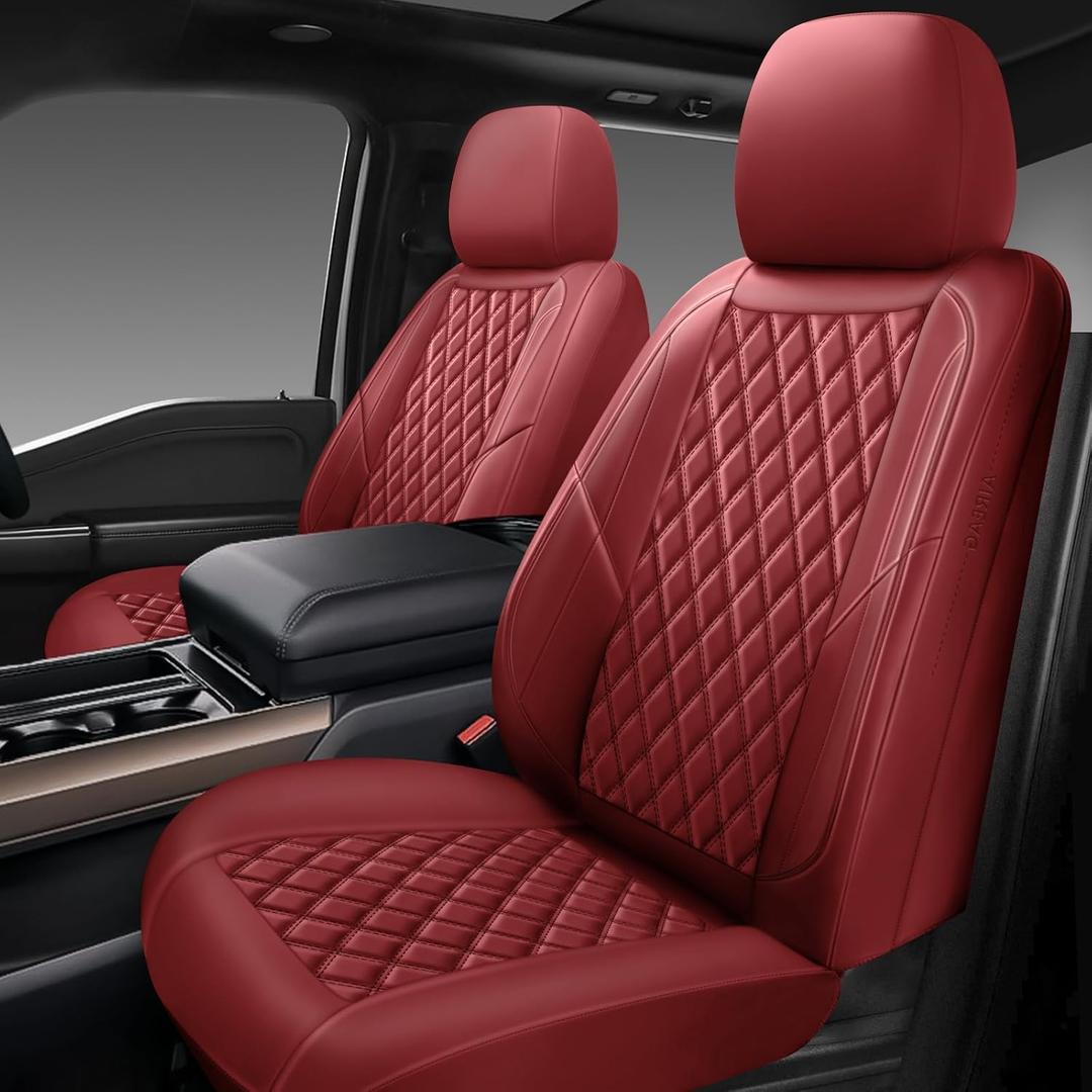 GEEYONTEK Premium Leather Car Seat Covers Front Pair,Universal Fit for Cars,Trucks&SUVs,Waterproof Car Seat Cushion,Full Coverage Car Seat Protector with 2 Seats,Wine Red (Driver and Passanger(2 seats))