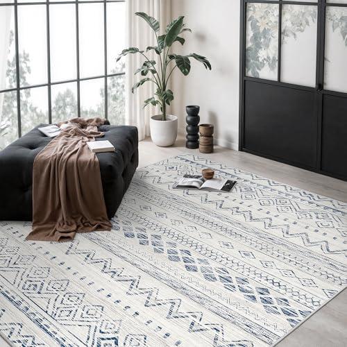 Miukiki 5x7 Area Rug for Living Room Moroccan Washable Rugs Non Slip Indoor Floor Carpet Foldable Large Soft Area Rug for Dining Room Bedroom with Low Pile(Blue,5'x7')