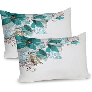 Ambesonne Turquoise Pillow Sham Set of 2, Flowers Buds Leaf at The top Left Corner Season Celebrating Theme, Quality Microfiber Bedding Item for All Seasons, 30" X 20", Teal Brown