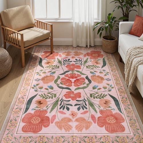 Yuemasi Floral 8x10 Area Rugs for Living Room - Boho Washable Large Area Rugs, Non-Slip Ultra-Thin Soft Bedroom Rug 8x10 Under Bed, Vintage Farmhouse Carpet Rugs for Nursery Kids Room Dining Room