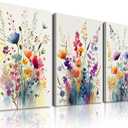 KBKBART Framed Canvas Wall Art Set of 3, Colorful Wildflower Floral Prints Watercolor Flowers Pictures Wall Decor, Botanical Bathroom Wall Decor for Bedroom Living Room Gallery - 12x16
