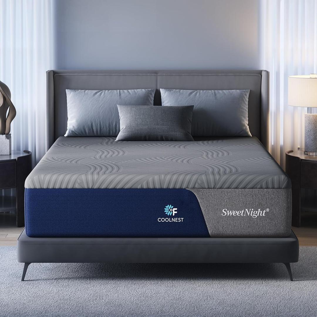 Sweetnight CoolNest Queen Mattress, 14 inch Cooling Queen Size Memory Foam Mattress for Cool Night Sleep, 5-Zone Ergo Support for Pressure Relief, Medium, CertiPUR-US Certified (Grey & Blue)