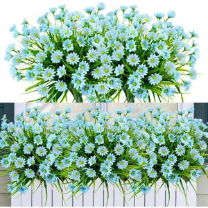 12 Bundles Artificial Daisies Flowers Outdoor UV Resistant Fake Silk Daisy Mums Flowers No Fade Faux Greenery Plants for Home Wedding Garden Window Box Outdoor Planters Spring Decor - Blue