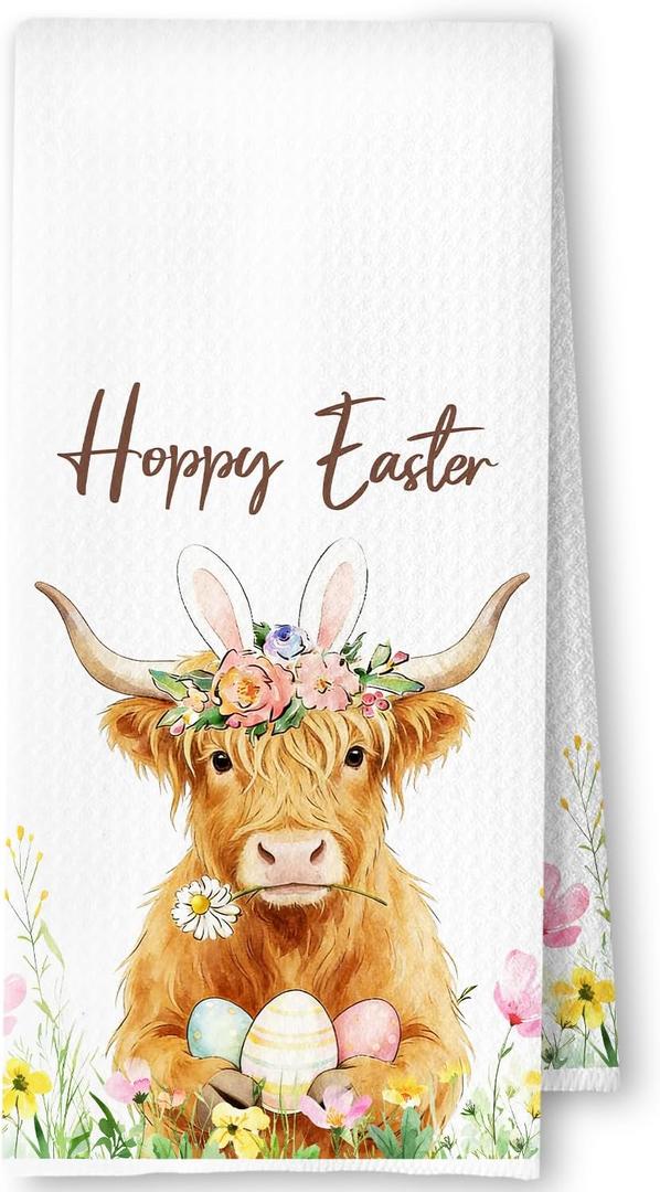 Spring Easter Egg Highland Cow Kitchen Towels, Highland Cow Lover Gifts Dish Tea Towels for Kitchen, Rustic Flower Heifer Decorative Hand Towel for Bathroom, 16x24 Inch