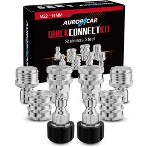 AURORA CAR Pressure Washer Quick Connect Kit, Stainless Steel Pressure Washer Adapter Set, M22-14mm Swivel to 3/8" Quick Connect Fittings, 3/4 Inch Hose Fittings, 8 Pack